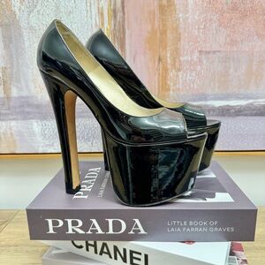 Rare Brian Atwood Alesha Black Patent Sky High Peep Toe Heels Extreme Platform